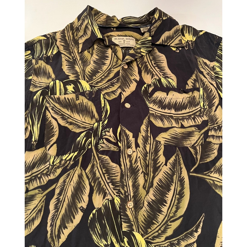 Burma Bibas Men's Short Sleeve Button Up Black‎ Yellow Leaves Tropical Medium